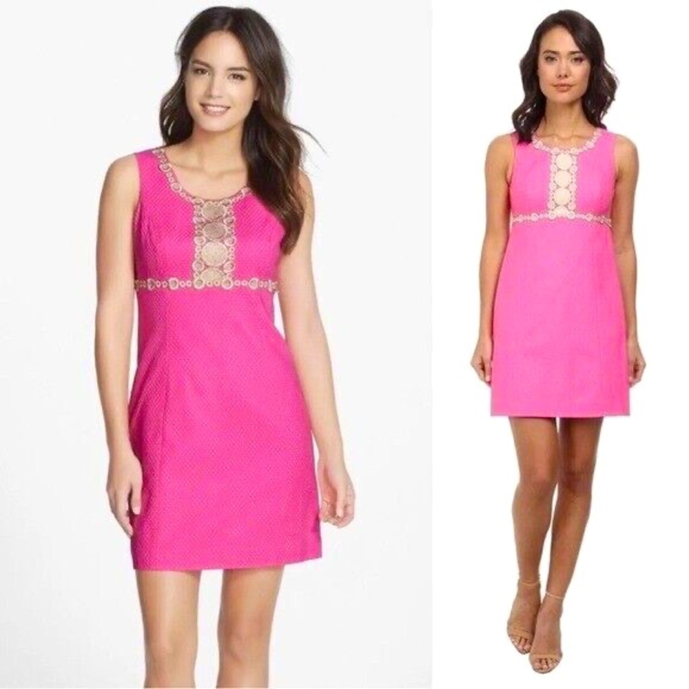 💞 LILLY PULITZER Pink Shift Dress 0 Gold Trim Mila Preppy Bunch Shower Style